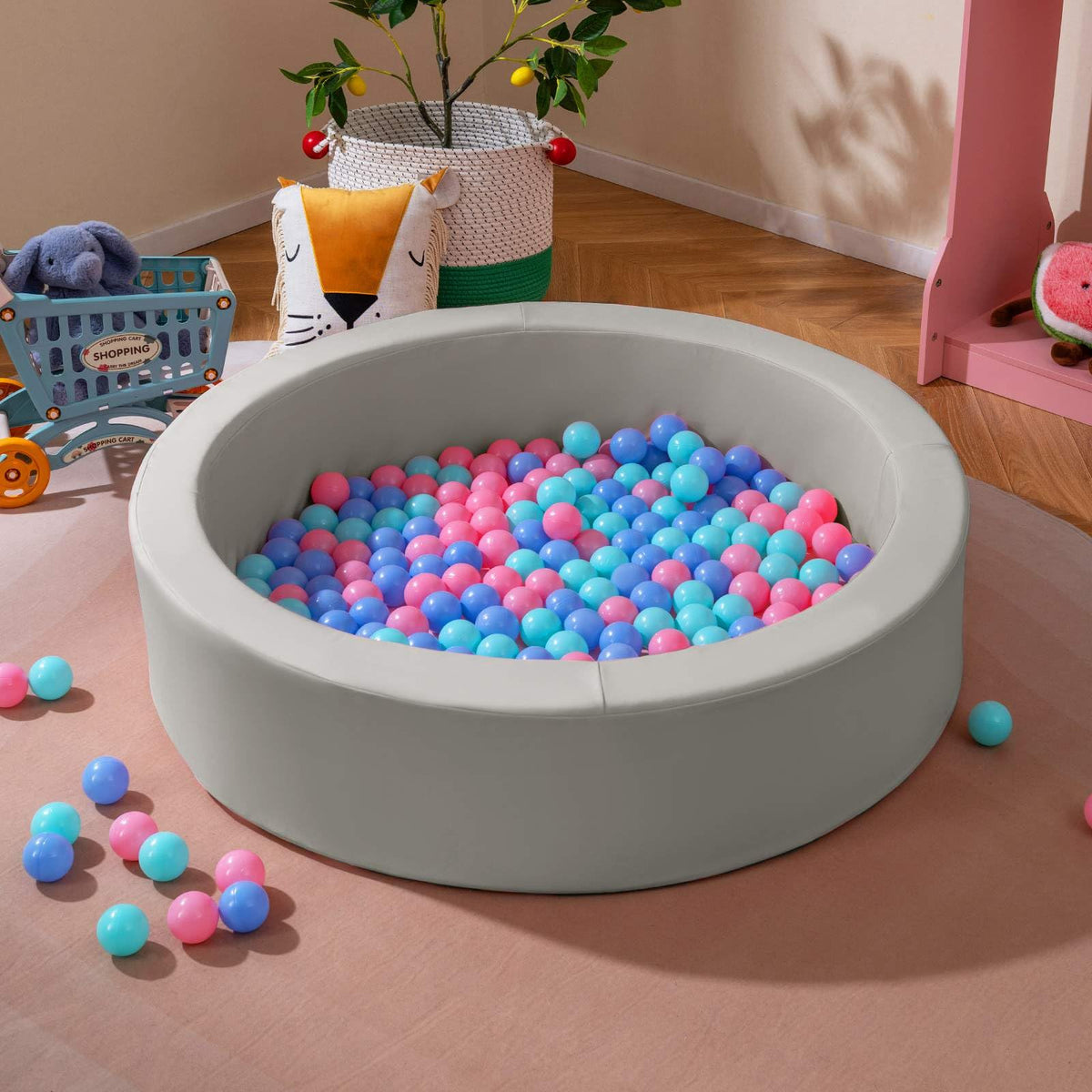 Round Foam Ball Pits with 200 Ocean Balls and Washable PU Cover