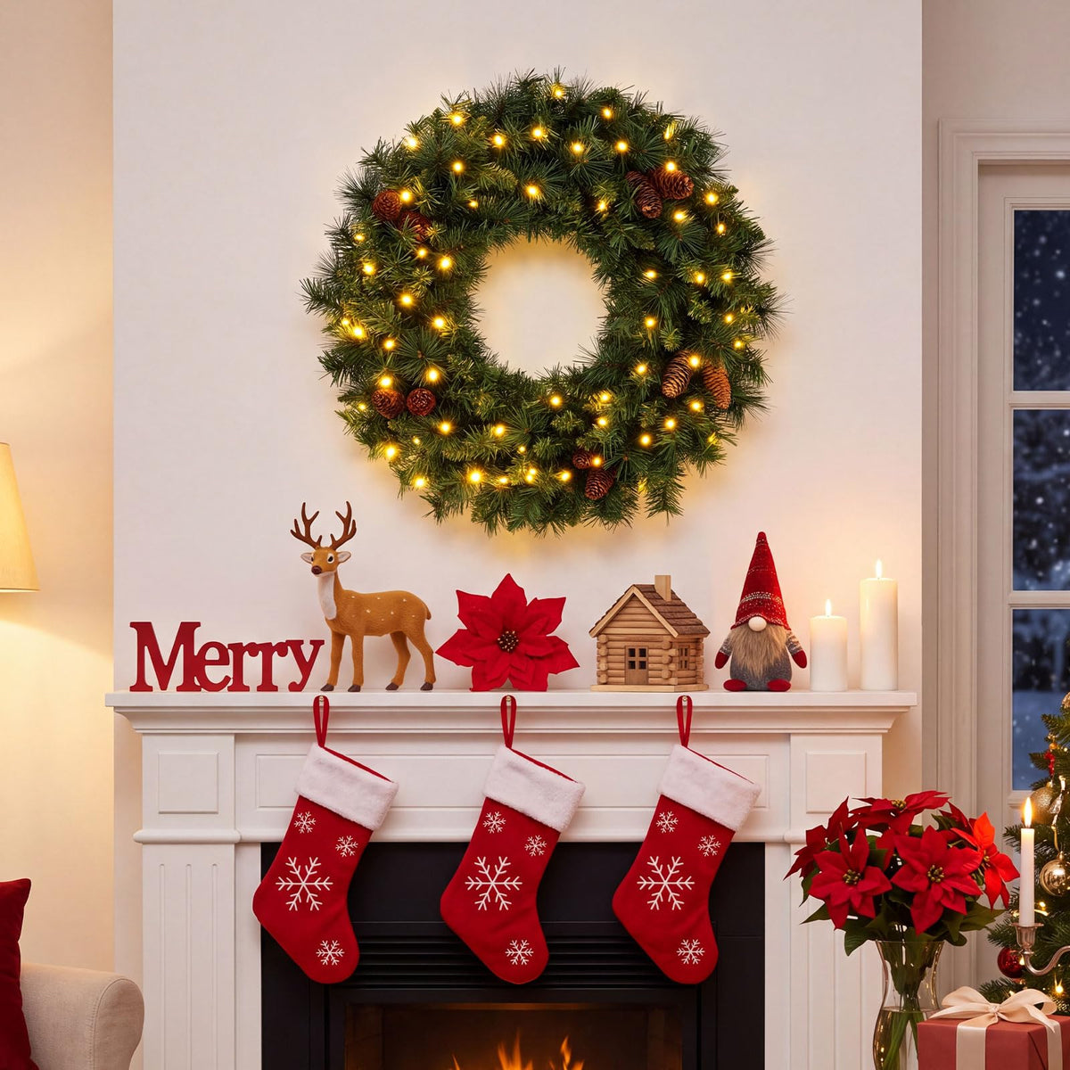 60 CM Pre-Lit Artificial Christmas Wreath, Battery Operated