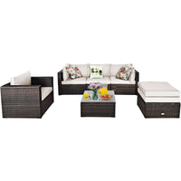 6 Pieces Patio Rattan Sectional Furniture Set, Outdoor Wicker Conversation Set with Glass Coffee Table Sofa Ottoman