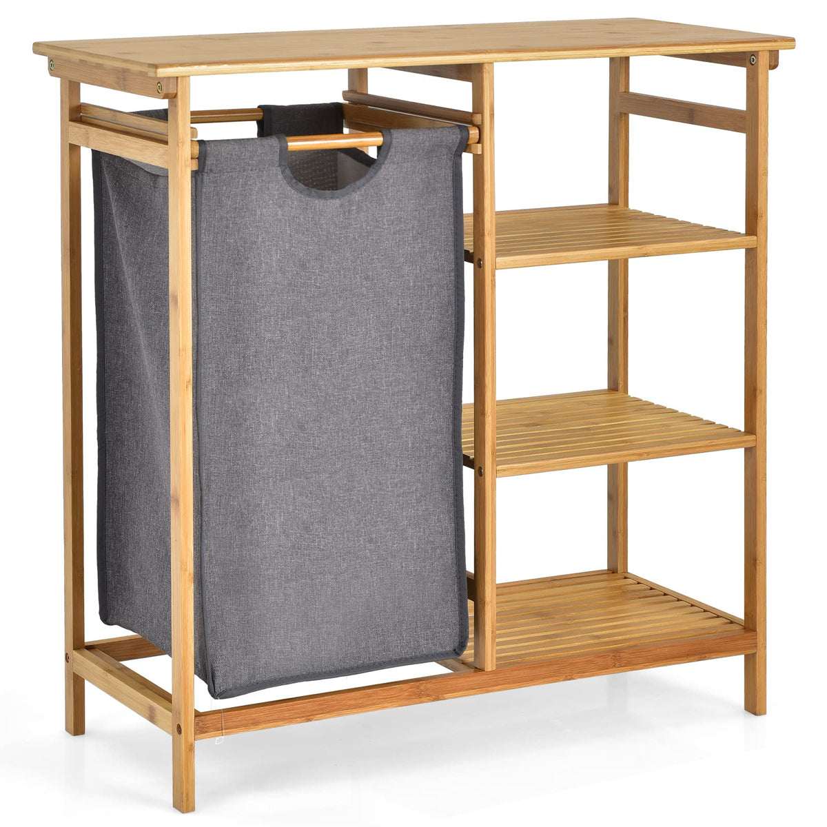 Giantex Bamboo Laundry Hamper Stand w/Sliding Bag & 3-Tier Open Shelves