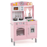 Wooden Play Kitchen for Kids with 3 Adjustable Heights and Stoves and Ice Maker