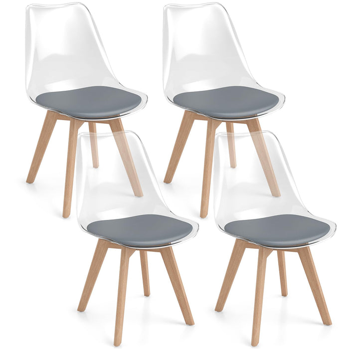 4-Pack Clear Dining Chairs with Wood Legs & PU Cushion