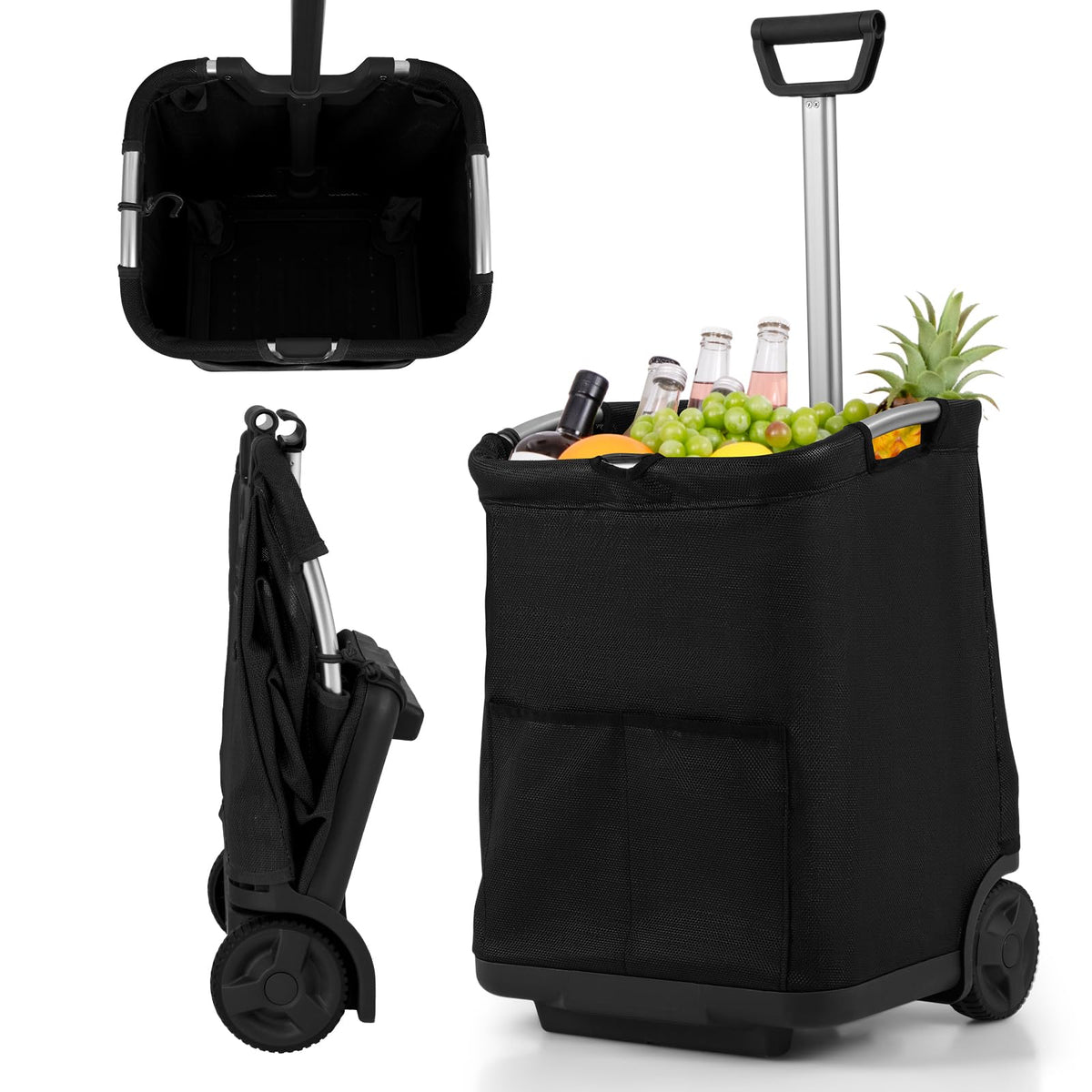 50L Folding Shopping Cart with 3 Pockets and Retractable Handlebar for Grocery