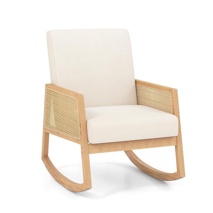 Giantex Rocking Chair with Rattan Armrests, Armchair with Upholstered Cushion & Wood Rattan Armrests