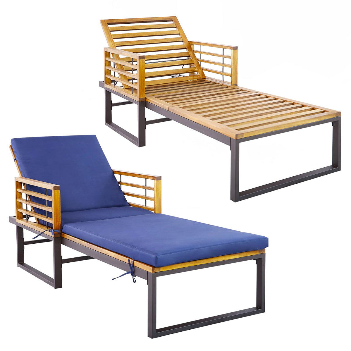 Patio Chaise Lounge Chair with Acacia Wood with Armrests for Poolside