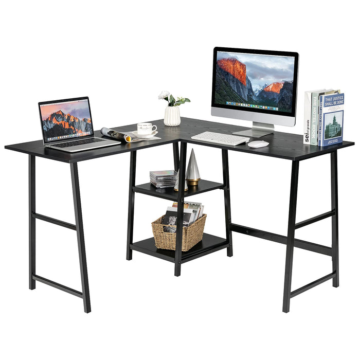 L-Shaped Corner Computer Desk, w/ 2-Tier Storage Shelves(1 Detachable Shelf), Metal Frame, Black