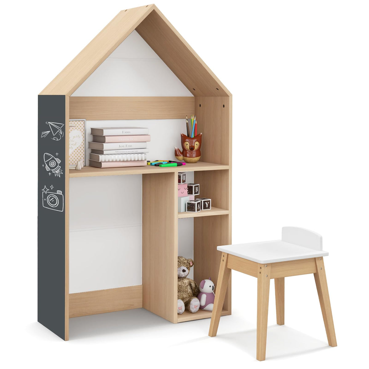Kids House-Shaped Table and Chair Set with Storage & Blackboard