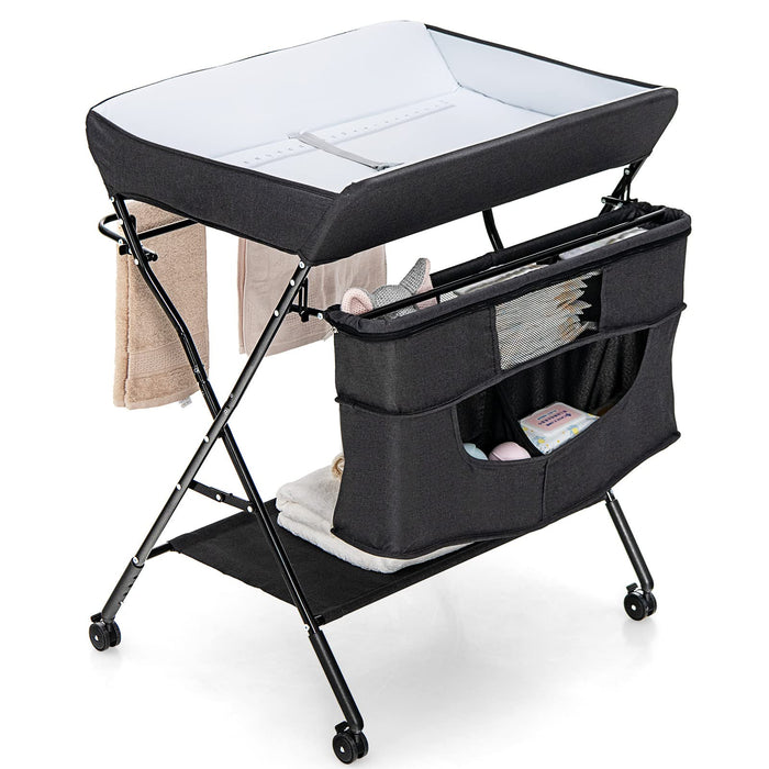 Foldable Baby Changing Table Portable Nursery Stand Organiser for Infant Newborn w/Large Storage Basket & Safety Belt