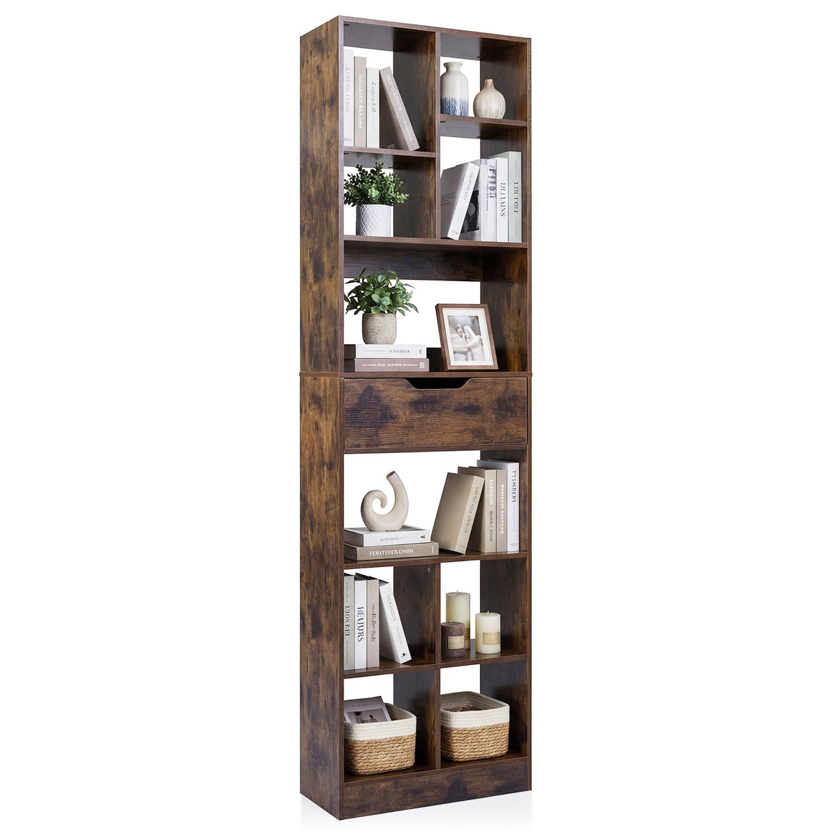 180cm Tall Freestanding Bookcase with Drawer and 2 Anti-Tip Kits for Home Office