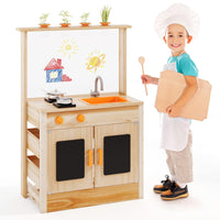 Mud Kitchen for Kids, Fir Wood Kitchen Playset with Planting Pots, Cookware, Stoves, Faucet, Sink & Blackboards