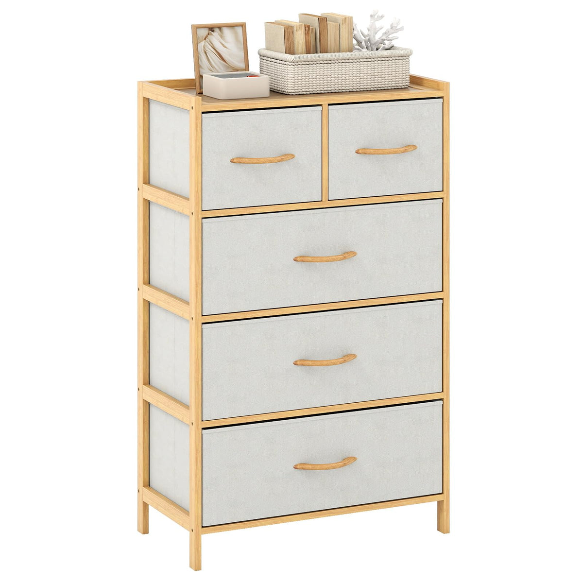 Giantex 5-Drawer Dresser for Bedroom, Bamboo Storage Tower with 5 Foldable Fabric Drawers