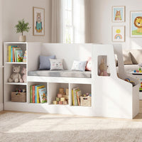 Car-Shaped Kids Bookshelf with Reading Nook, Kids Bookcase w/6 Compartments
