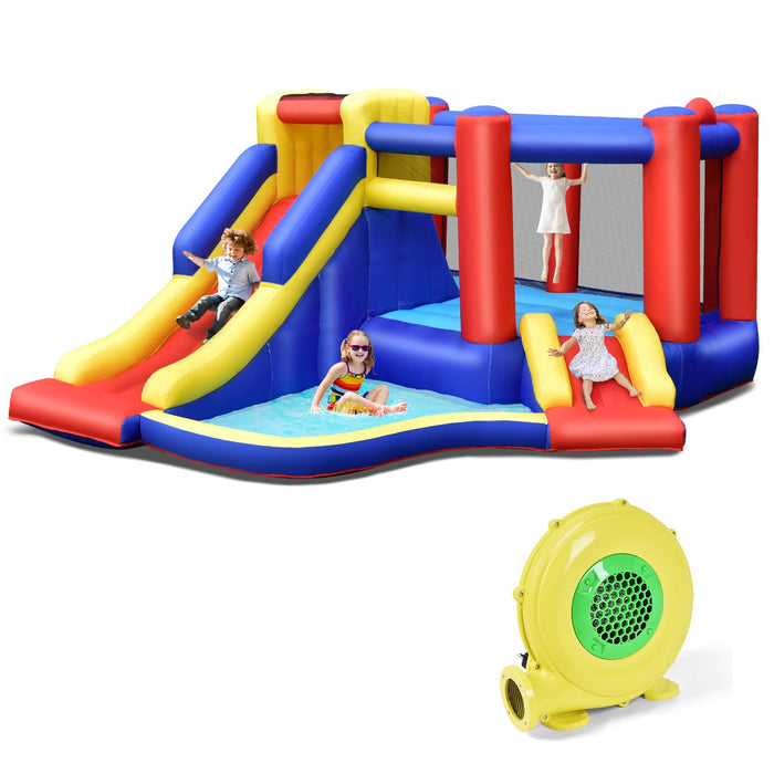Inflatable Bounce House with Large Jumping Area, Dual Slide, Ball Pit, Climb Wall, Basketball Hoop(with 450W Blower)