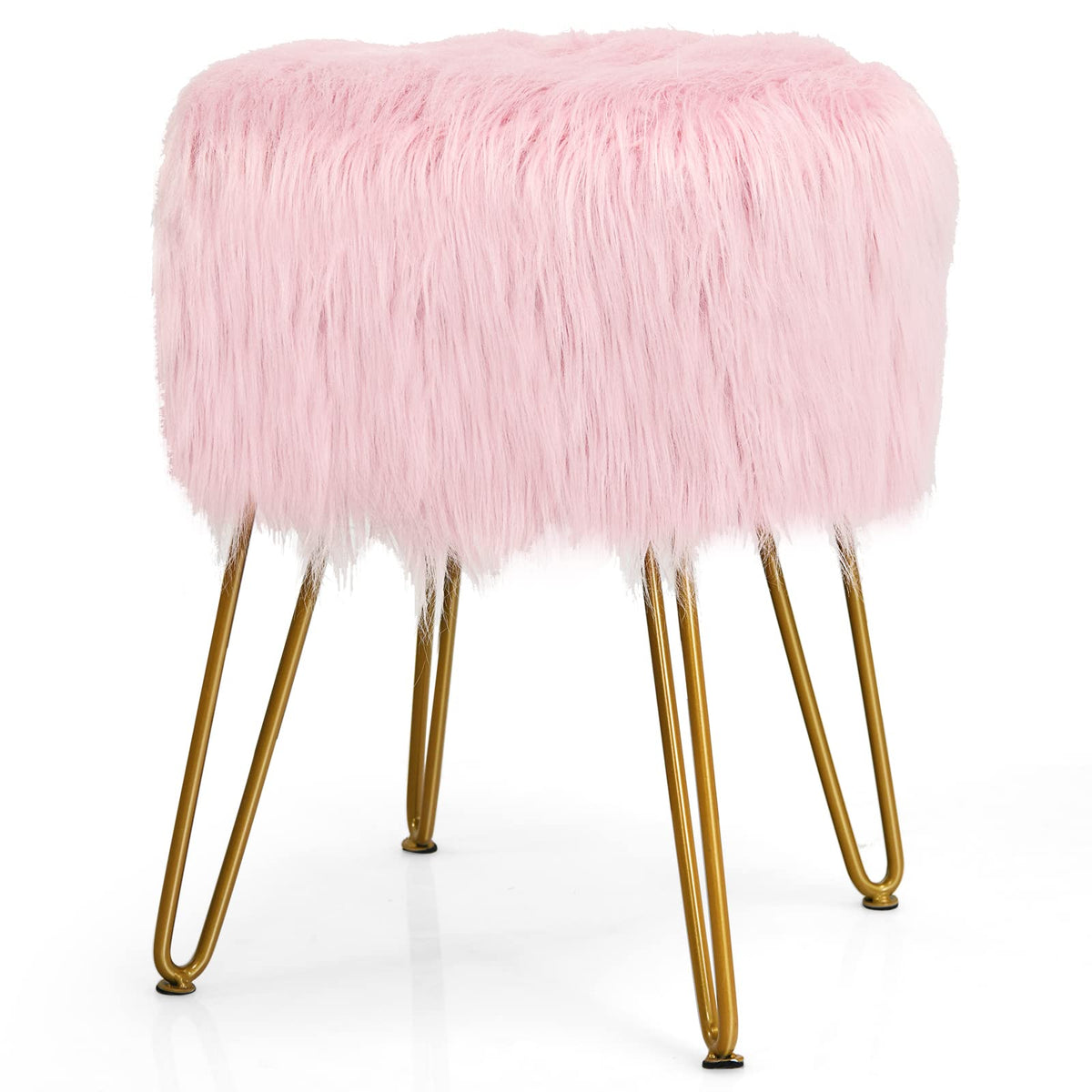 Giantex Luxury Faux Fur Vanity Stool Chair, Round Footstool Ottoman w/Metal Legs