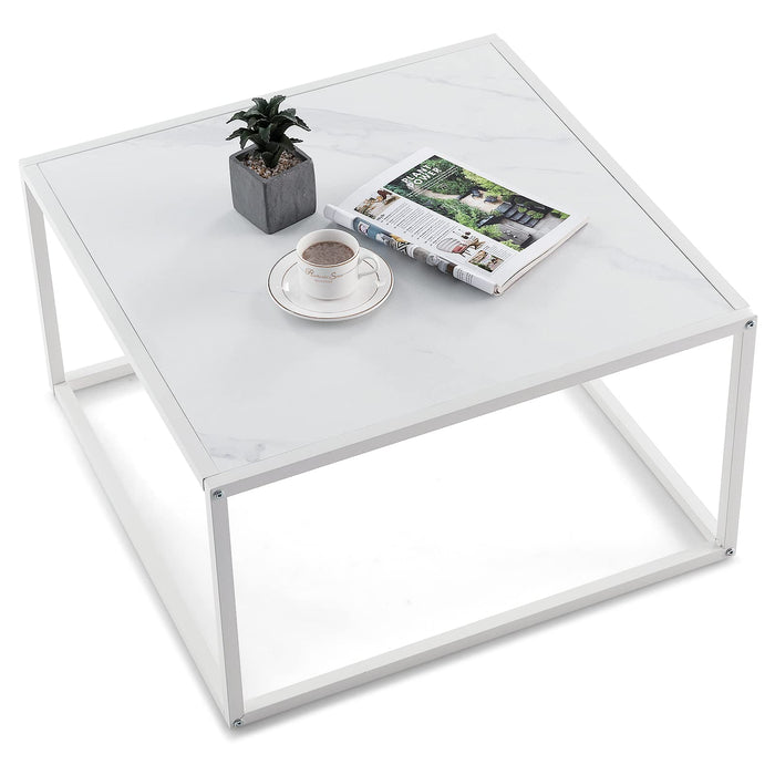 Square Coffee Table, Center Cocktail Table with Faux Marble Tabletop & Steel Frame, 70 cm x 70 cm x 40 cm