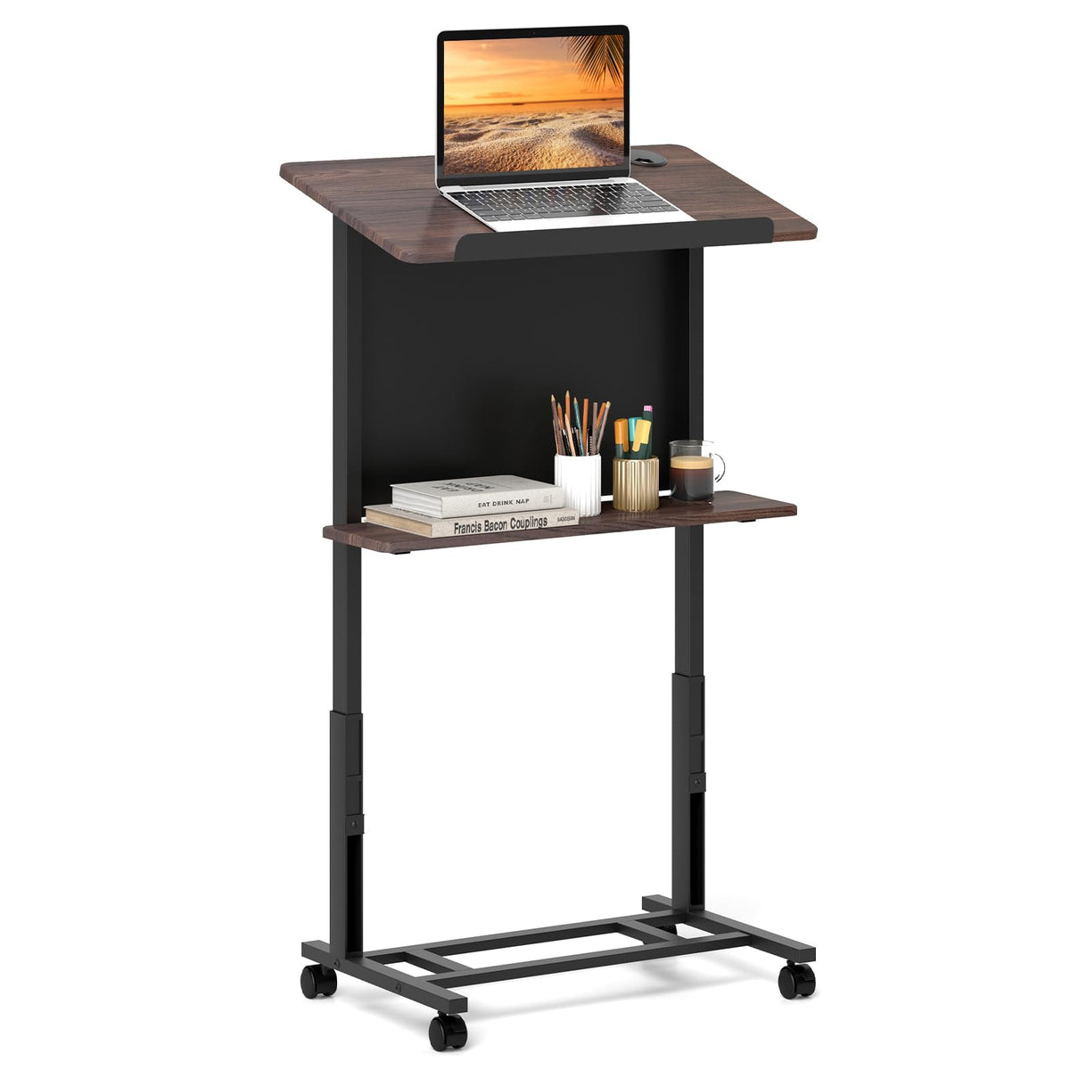 Giantex Rolling Podium Stand, 103-125cm Height Adjustable Lectern Table with Tilted Tabletop & Edge Stopper