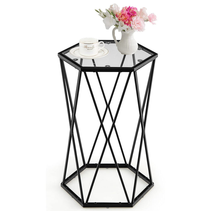 Giantex Compact Coffee Table, Hexagonal Side Table w/Tempered Glass Top & Metal Frame