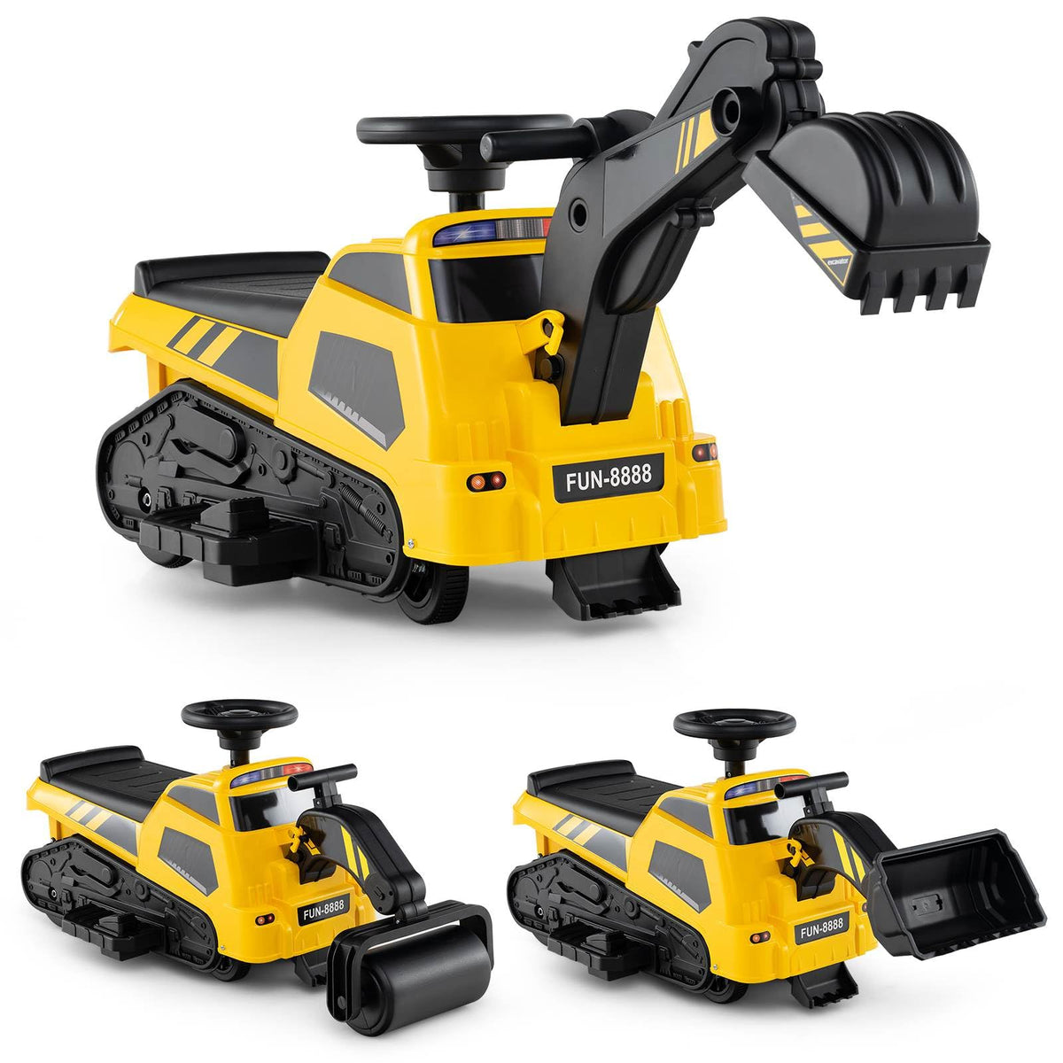 3-in-1 Kid Ride on Tractor w/Adjustable Arms, Electric Excavator Bulldozer Toy Road Roller