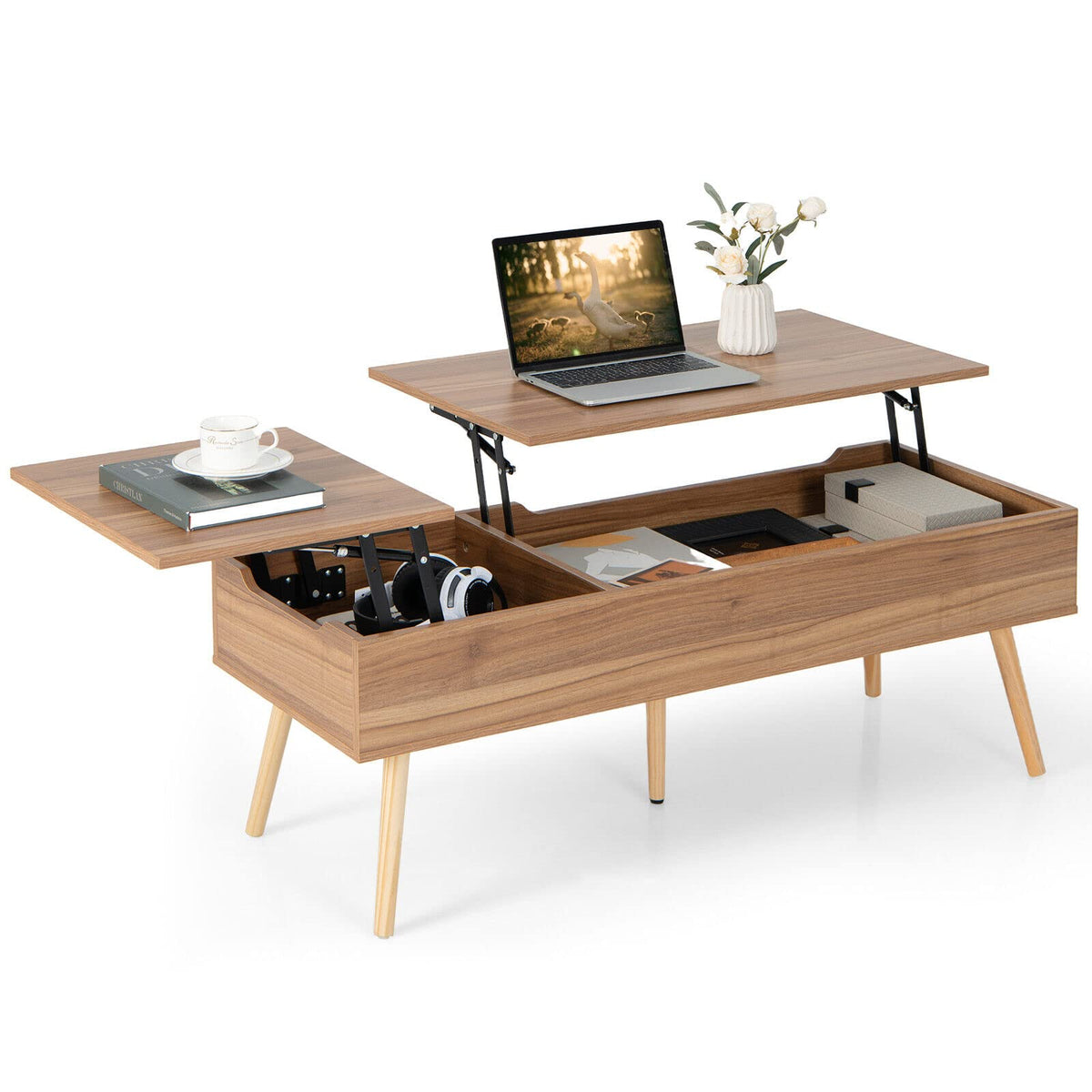 120cm Lift Top Coffee Table with Storage, Split Top Accent Table with Pneumatic Rods, Brown
