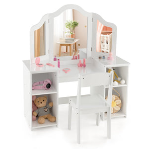 2 In 1 Kids Vanity Table and Chair Set with Removable Tri-fold Mirror for Girls Aged 3+