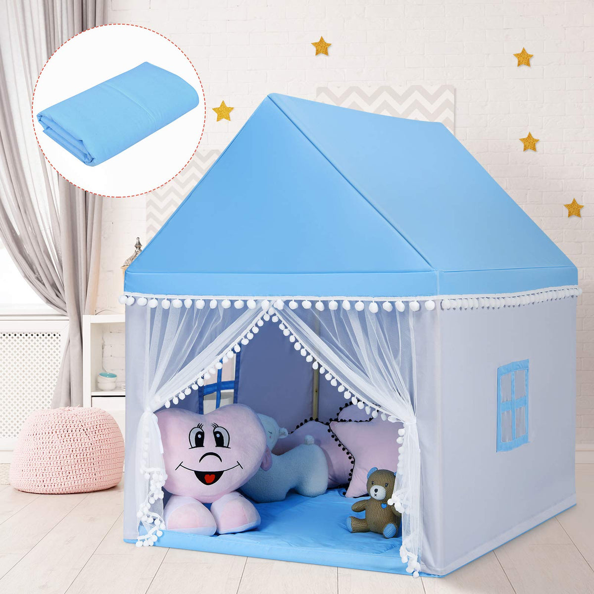 Kids Play Tent, Children Play House w/Solid Wood Frame & Cotton Mat