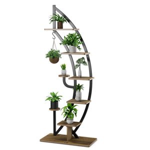 6-Tier Tall Metal Plant Stand Rack, Curved Half Moon Shape Ladder Planter Shelf W/ Top Hook
