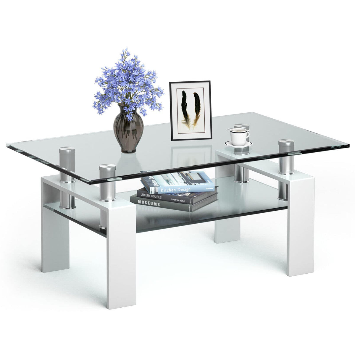 Giantex Rectangular Glass Coffee Table, Modern Coffee Table w/Lower Shelf, Lager Storage Space Tempered Glass Tabletop