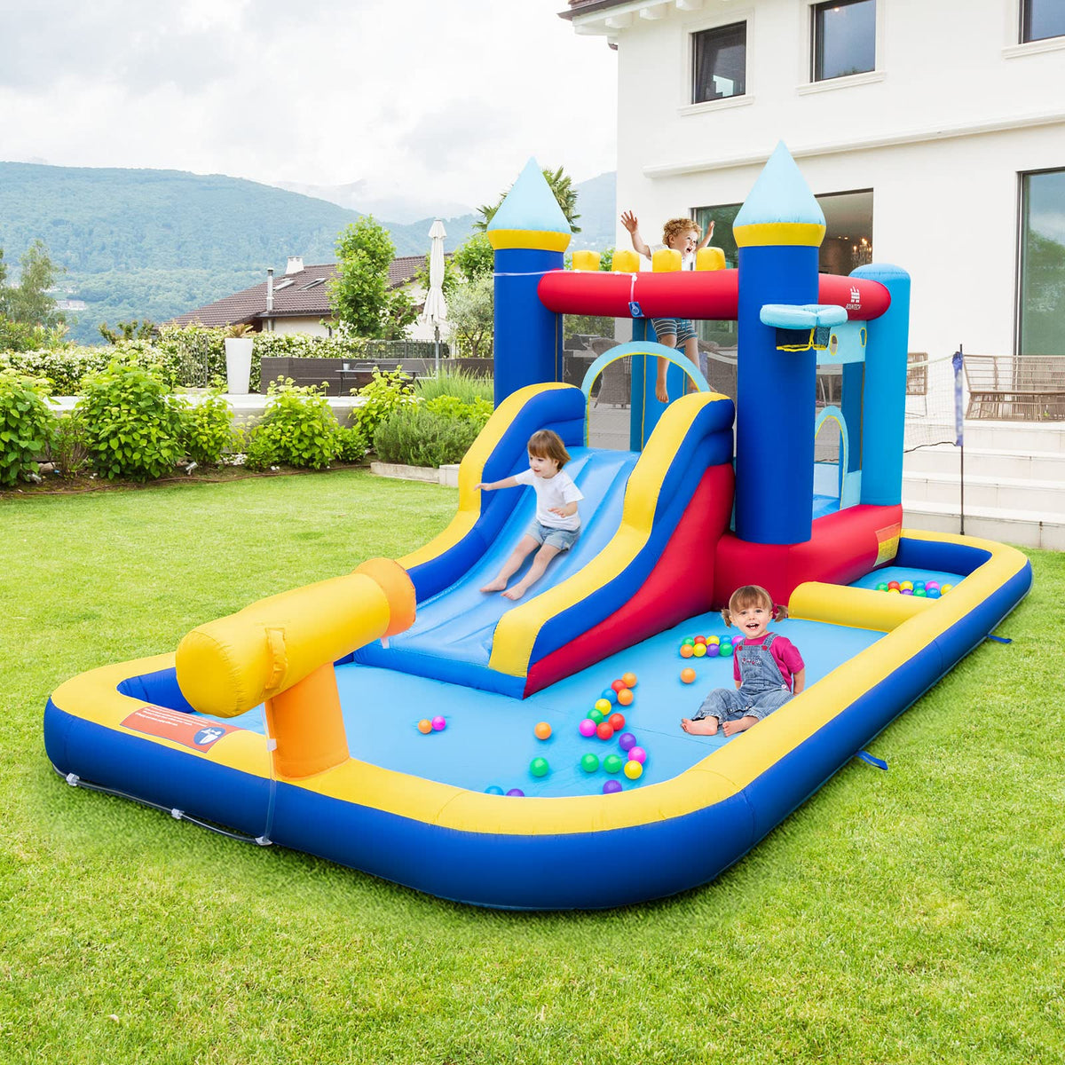 Inflatable Water Slide, Jumping Castle Water Park w/Slides, Jumping House, Ocean Ball Pit, Splash Pool (Without Blower)