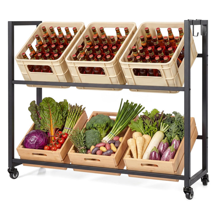 Giantex 2-Tier Drink Crate Rack, Rolling Bottle Crate Shelf with 4 Universal Wheels, 2 Hooks, 2 Tilt Angles for Beer