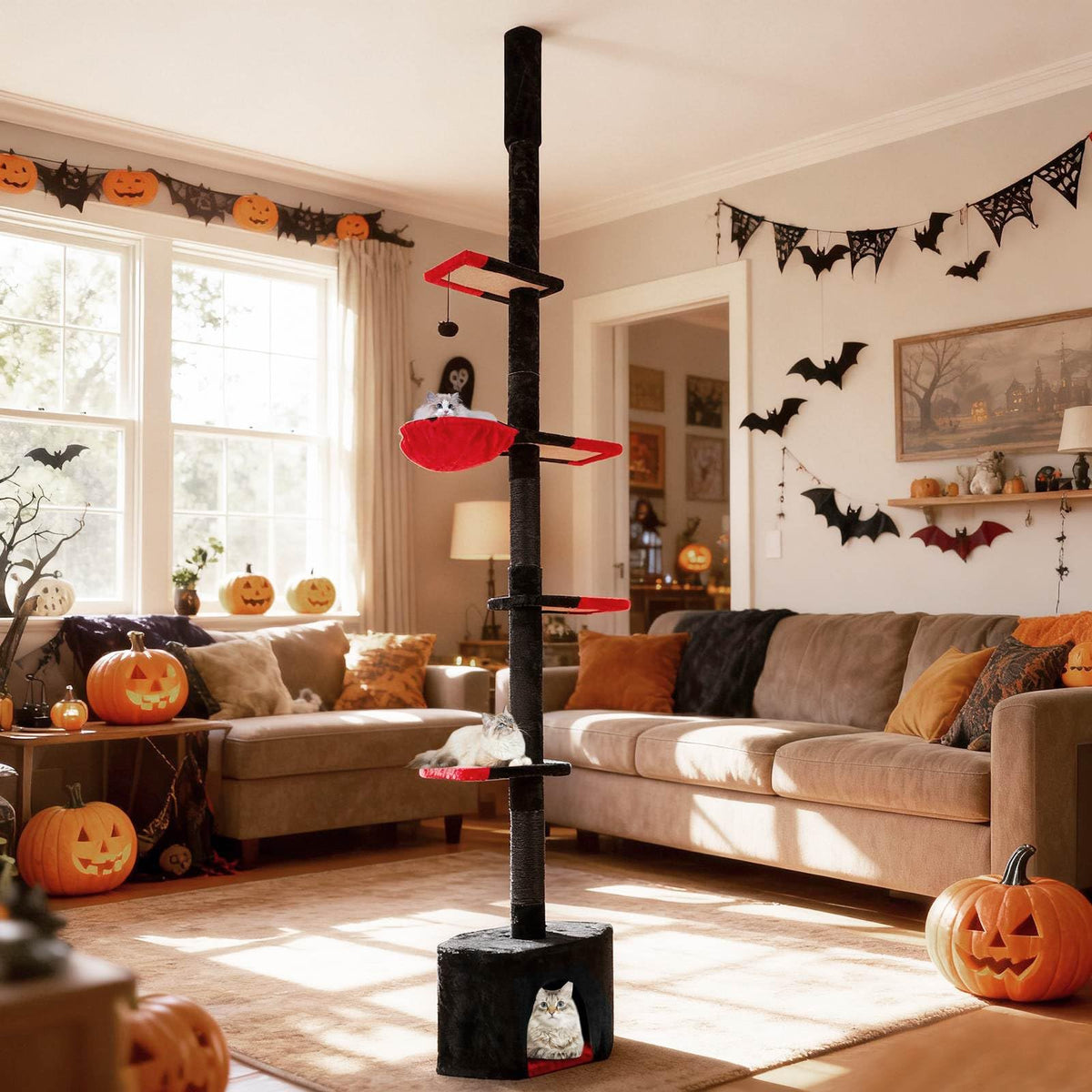 Floor to Ceiling Gothic Cat Tree 245-300 CM Adjustable, 5-Tier Tall Multi-Level Cat Tower