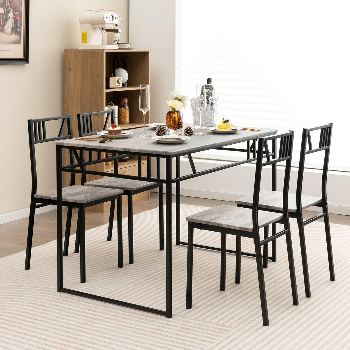 Giantex 5 Piece Dining Table Set, Industrial-Style Kitchen Table & 4 Chairs w/Wood Like Tabletop & Metal Frame