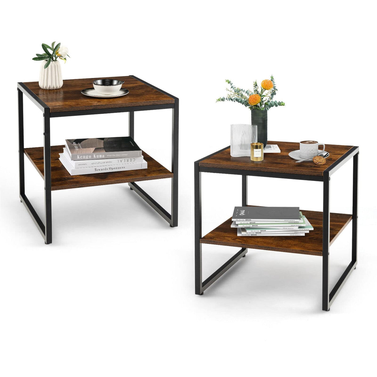 Giantex End Table Set of 2, Industrial 2-Tier Coffee Tables with Open Storage Shelf, Rustic Brown