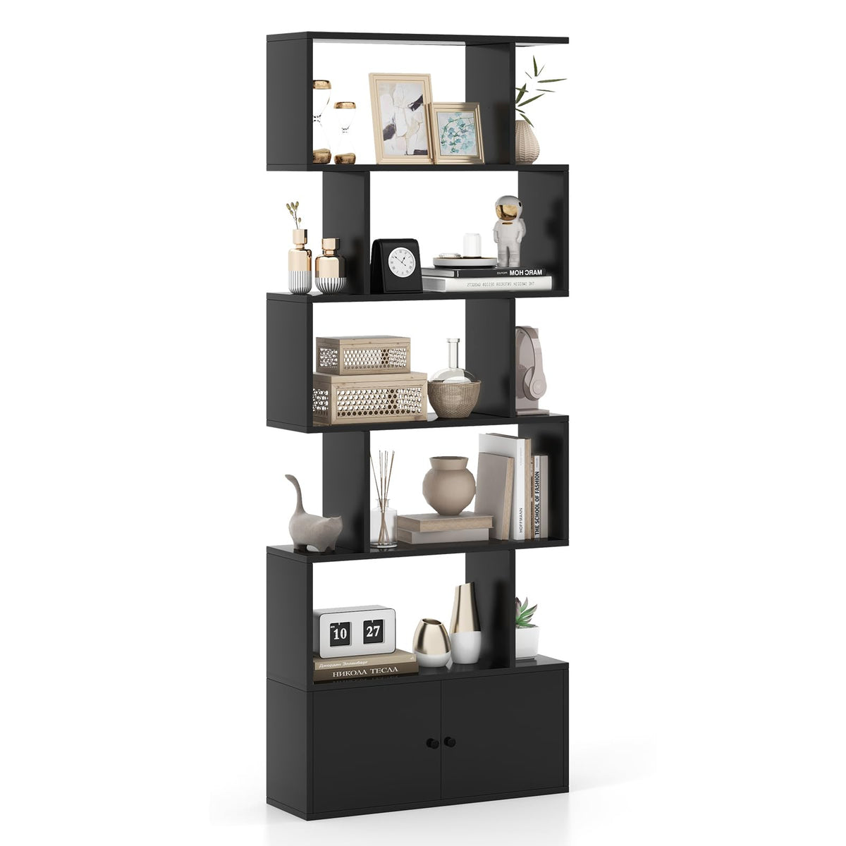 Giantex S-Shaped Bookcase, 6-Tier Bookshelf with Doors and Cabinet