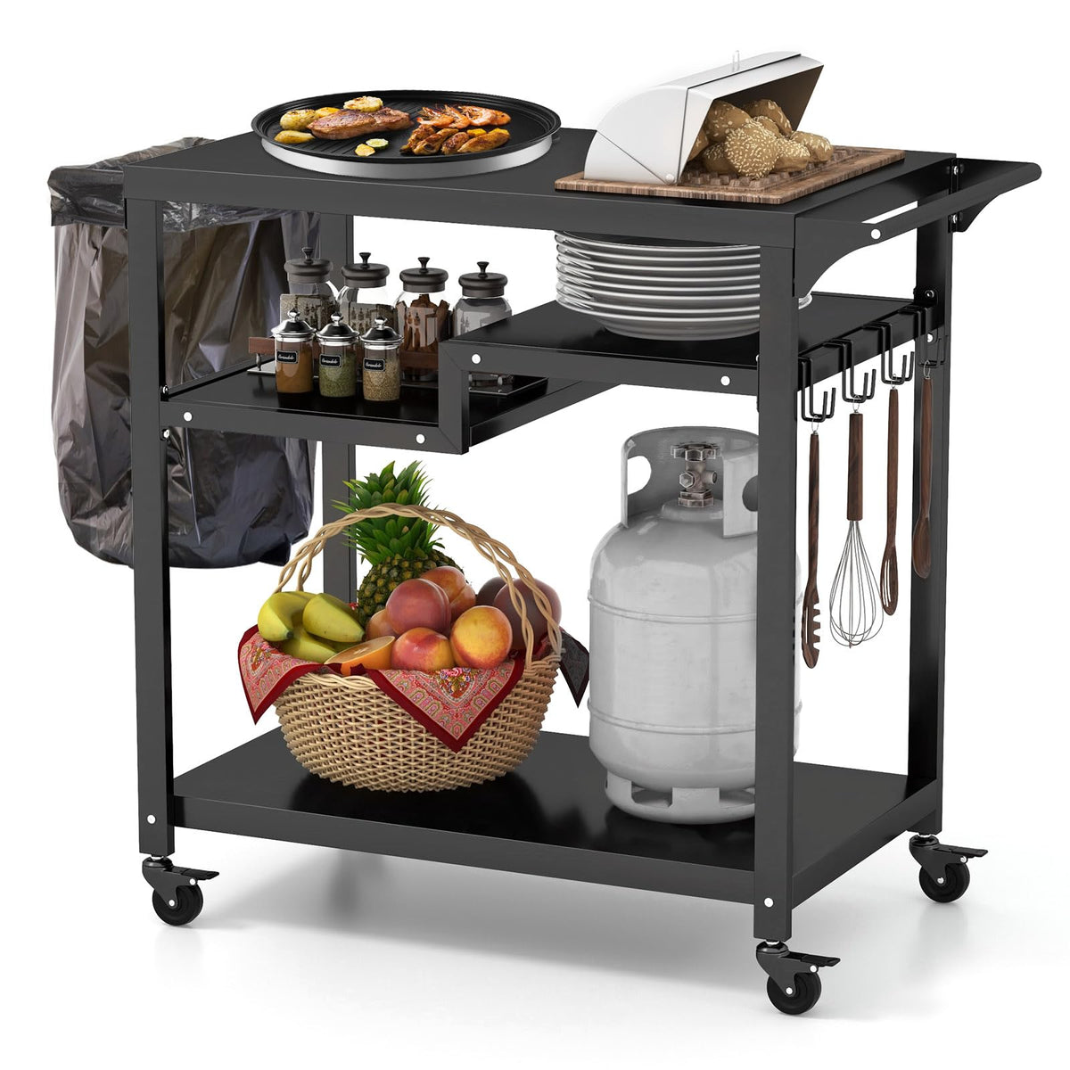 Giantex Three-Shelf Outdoor Cooking Prep Table with Garbage Bag Holder