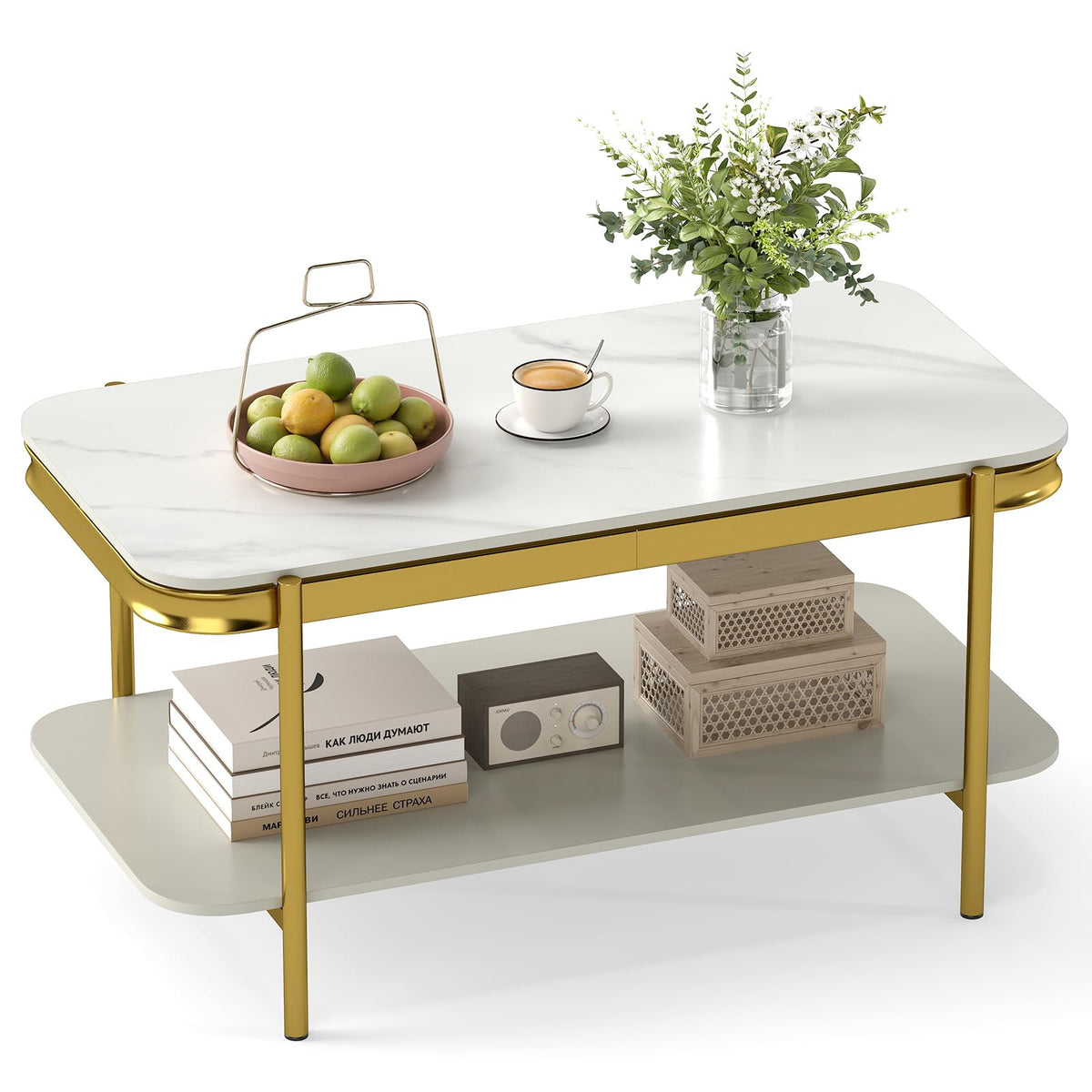 Modern Rectangular Coffee Table with Sintered Stone Top & Storage Shelf for Indoor