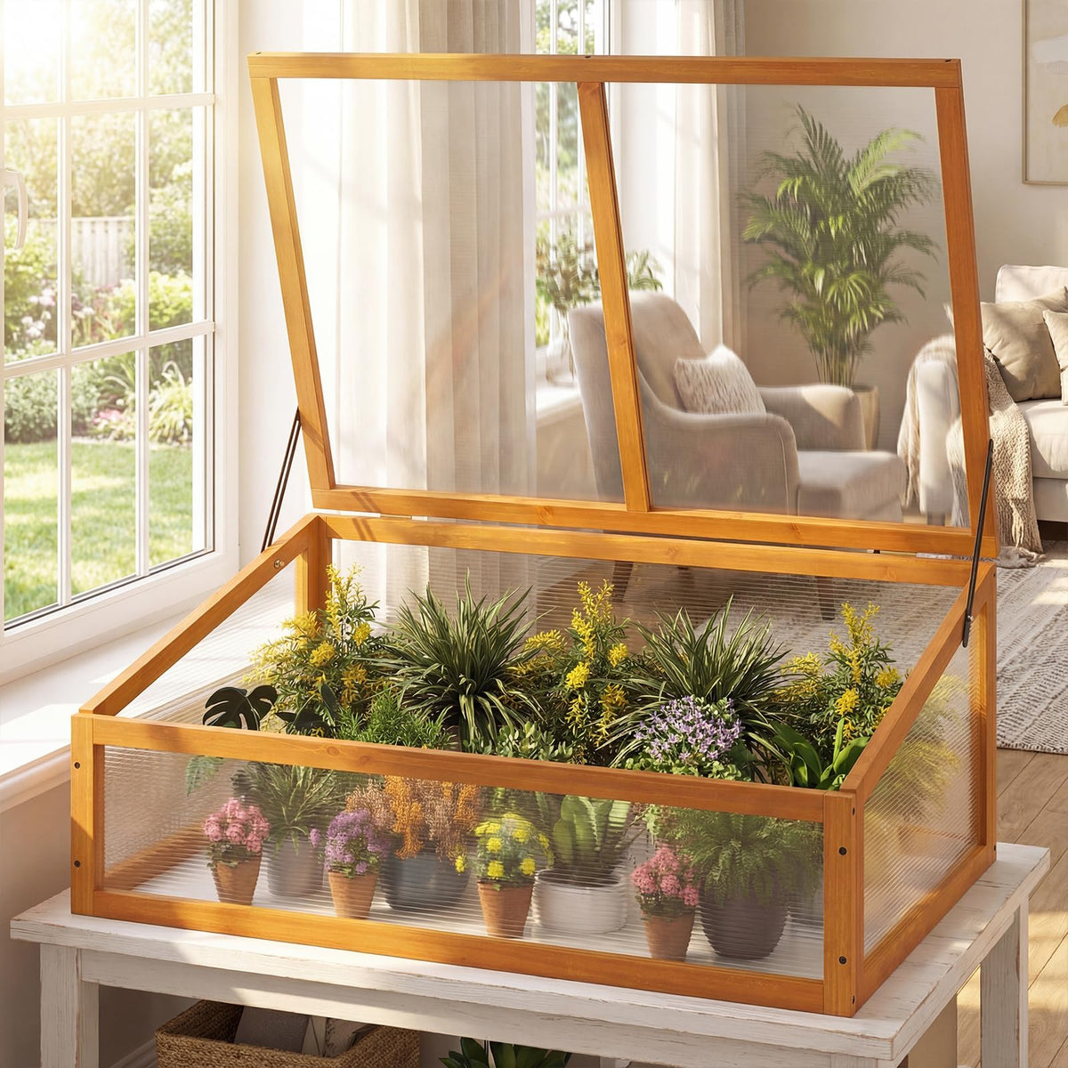 Wood Cold Frame Greenhouse, Portable Raised Planter Bed Protection