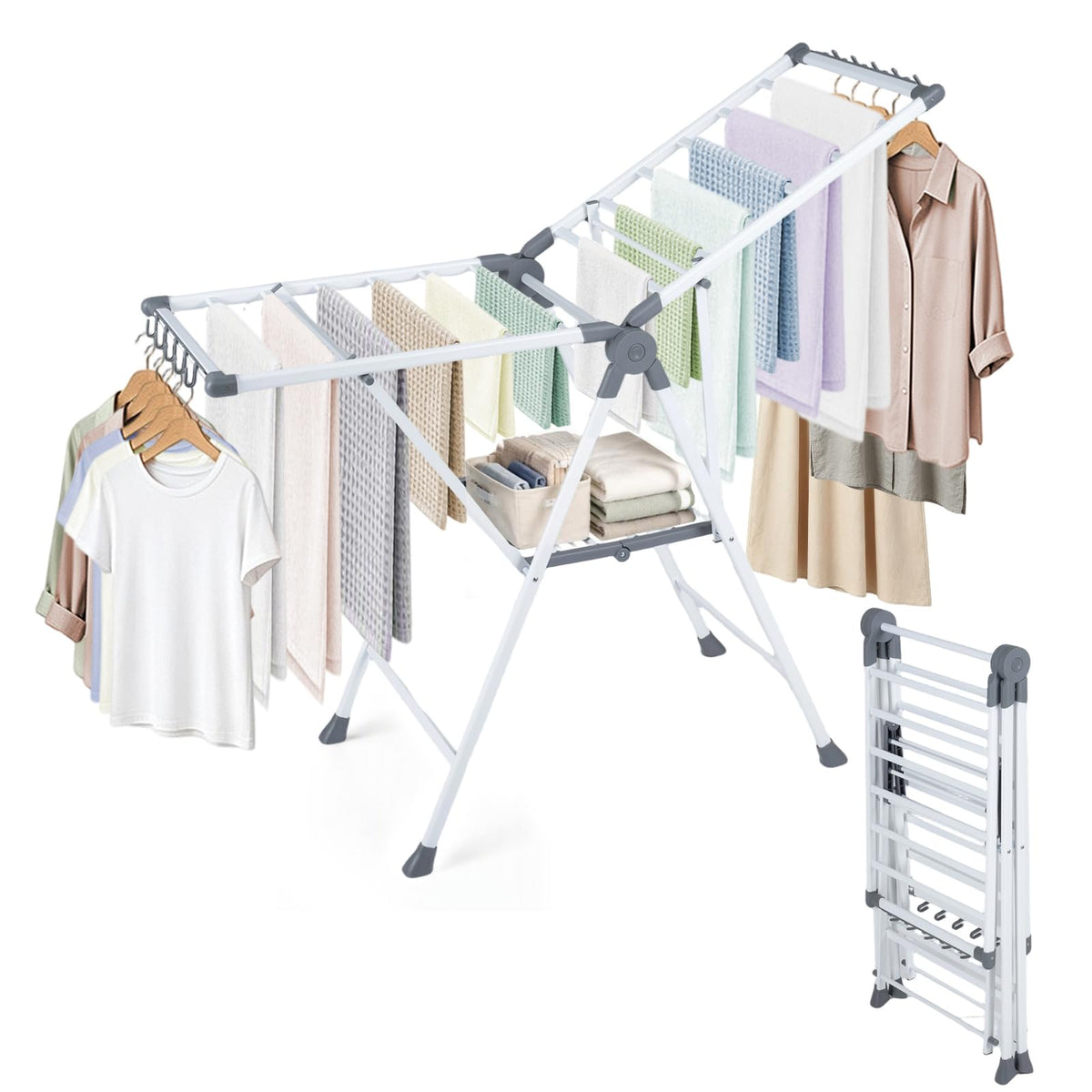 Foldable 2-Level Clothes Drying Rack with140 CM Adjustable Wings