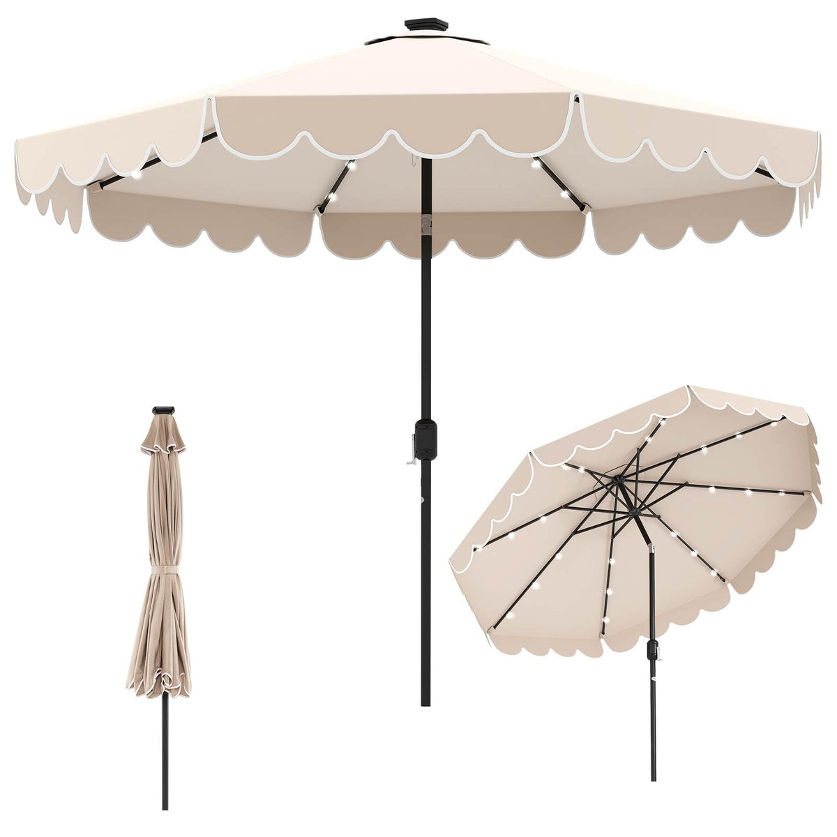 3m Solar Patio Umbrella with 24 LED Lights Vented Top and Ruffles