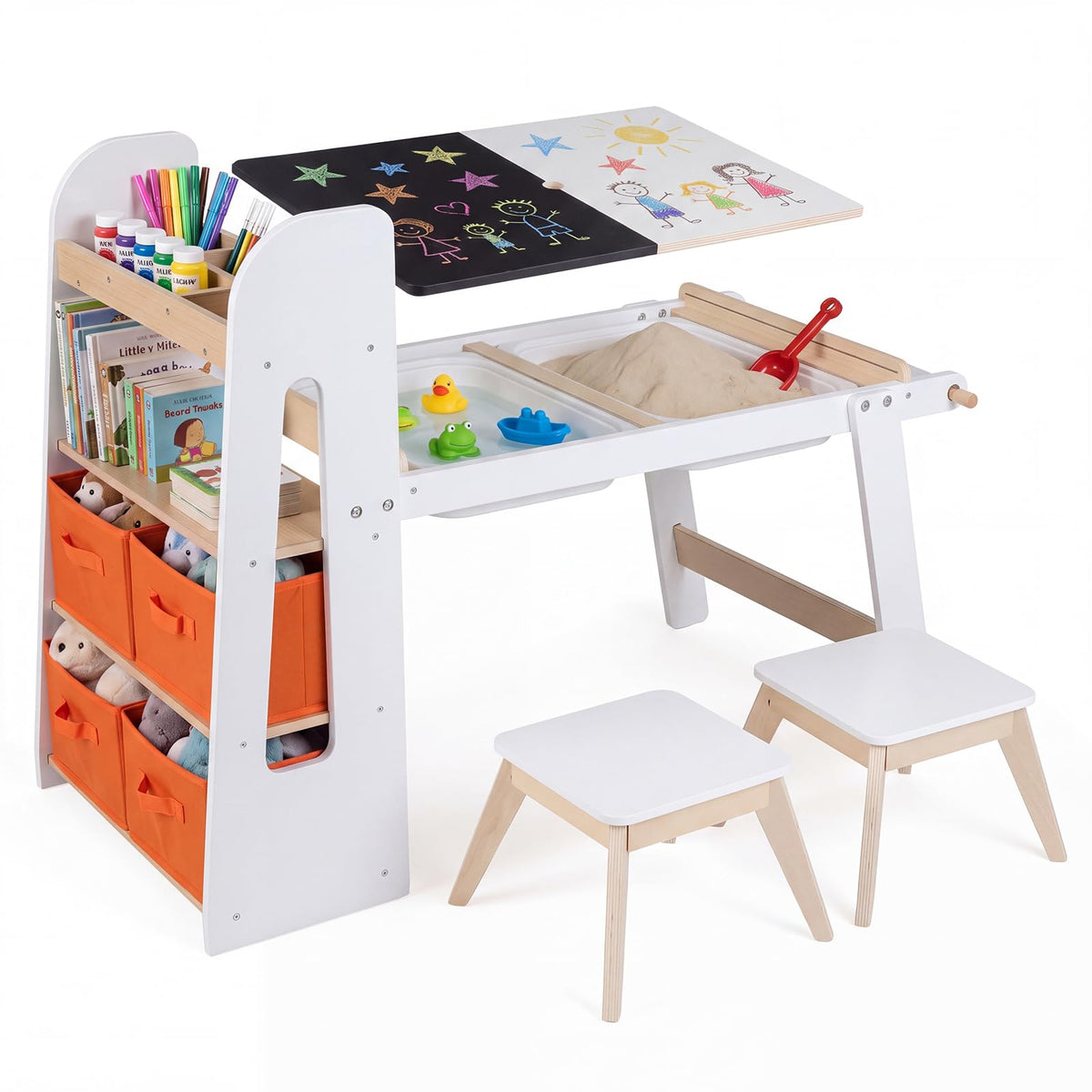 Kids Sensory Art Table 2 Chairs Set with Paper Roll Blackboard and 2 Detachable Activity Basins