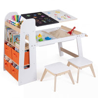 Kids Sensory Art Table 2 Chairs Set with Paper Roll Blackboard and 2 Detachable Activity Basins
