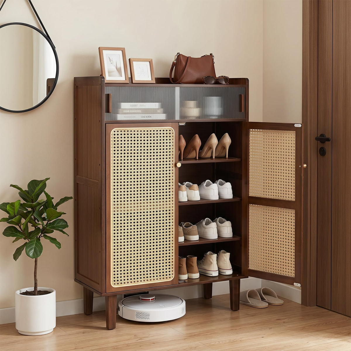 Bamboo Shoe Cabinet with Woven Rattan Doors for Entryway