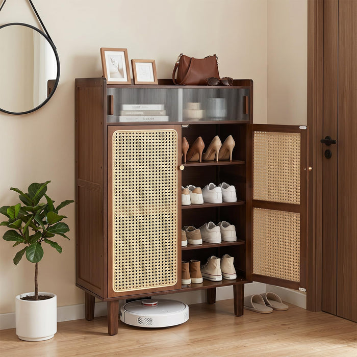 Bamboo Shoe Cabinet with Woven Rattan Doors for Entryway