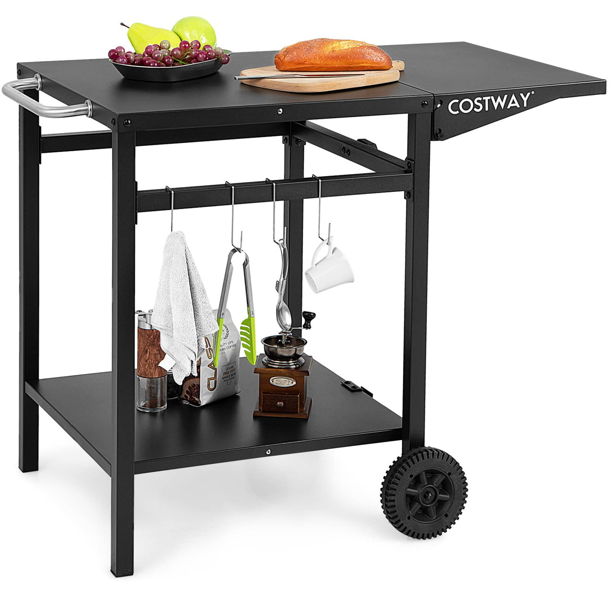 Movable Dining Cart Table, Double-Shelf Trolley with Folding Tabletop