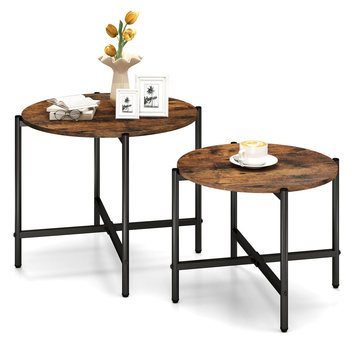 Round Coffee Table Set of 2, 55cm & 65cm Nesting Coffee Tables with Heavy-Duty Metal Frame