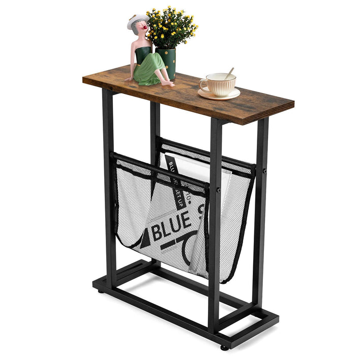 Giantex 2-Layer Rustic Side Table, Small Industrial End Table W/Magazine Holder, Wood Tabletop