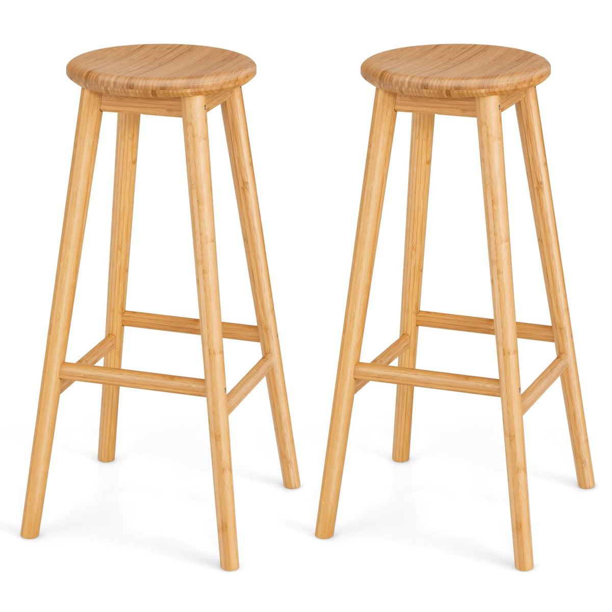 Giantex Bamboo Bar Stools Set of 2, Round Seat Breakfast Dining Chairs w/Footrest, Natural