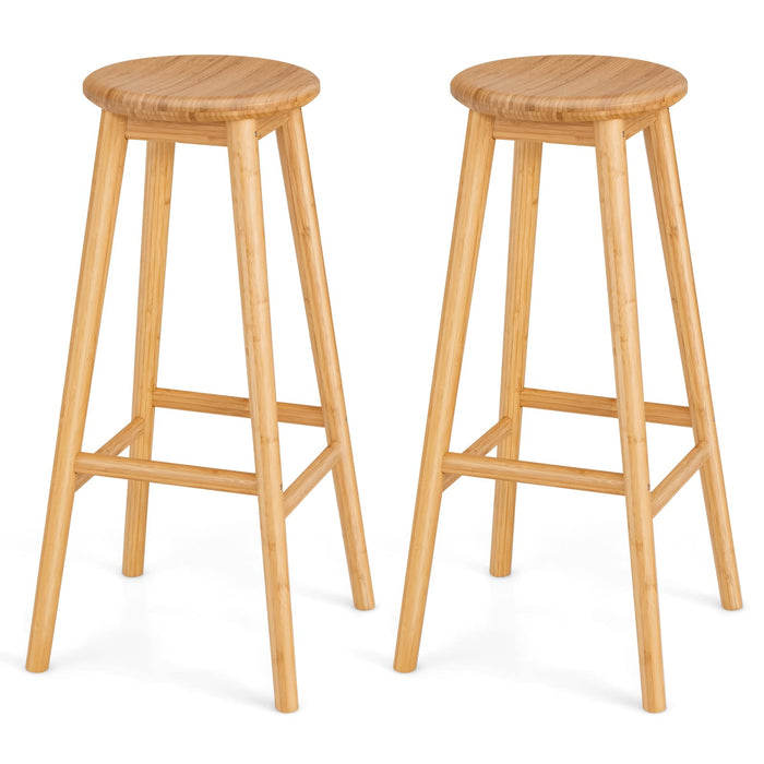 Giantex Bamboo Bar Stools Set of 2, Round Seat Breakfast Dining Chairs w/Footrest, Natural