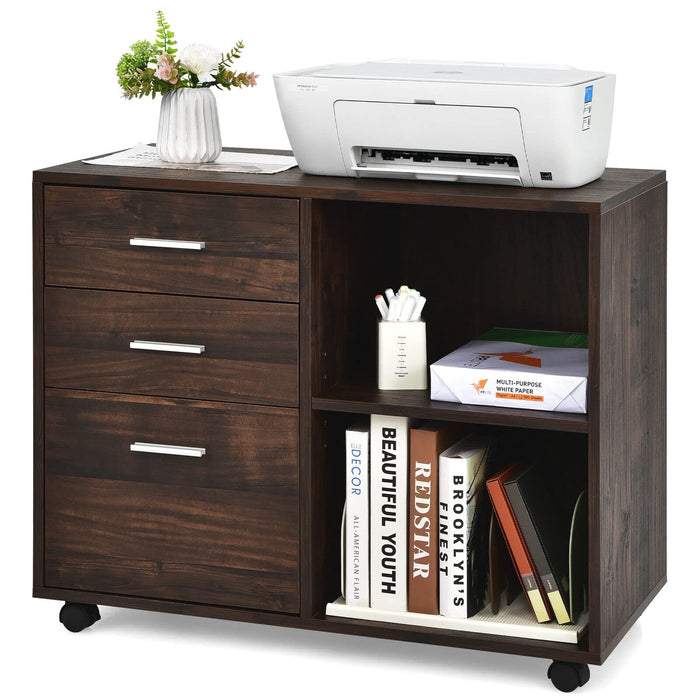 Giantex 3-Drawer Mobile File Cabinet, Rolling Printer Stand w/ 2 Open Storage Compartments, Rustic Brown