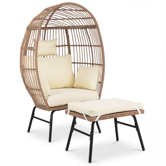 PE Rattan Egg Chair with Ottoman, Indoor & Outdoor Wicker Patio Lounge Chair