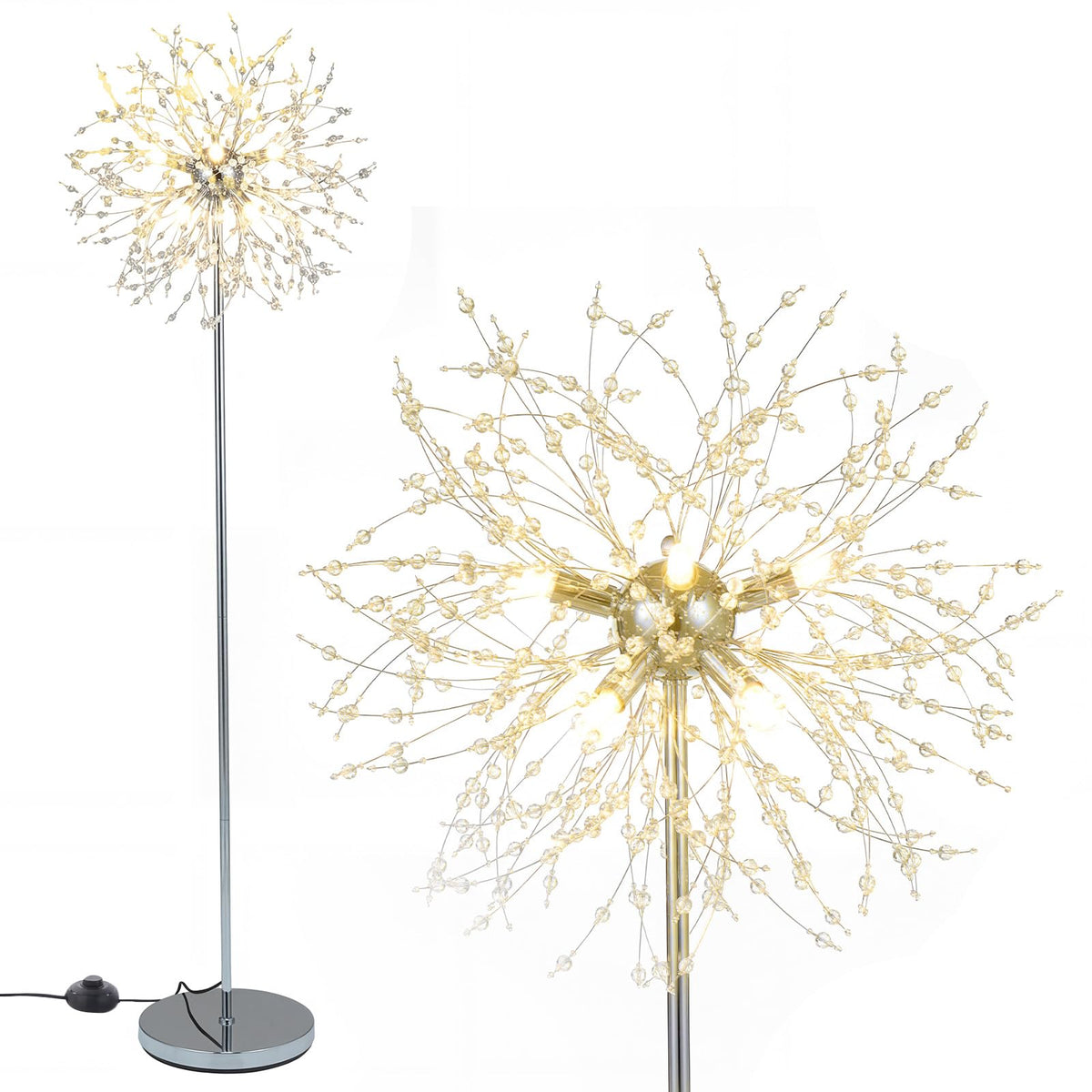 160cm Crystal Floor Lamp, Modern Freestanding Dandelion Light with Acrylic Crystals